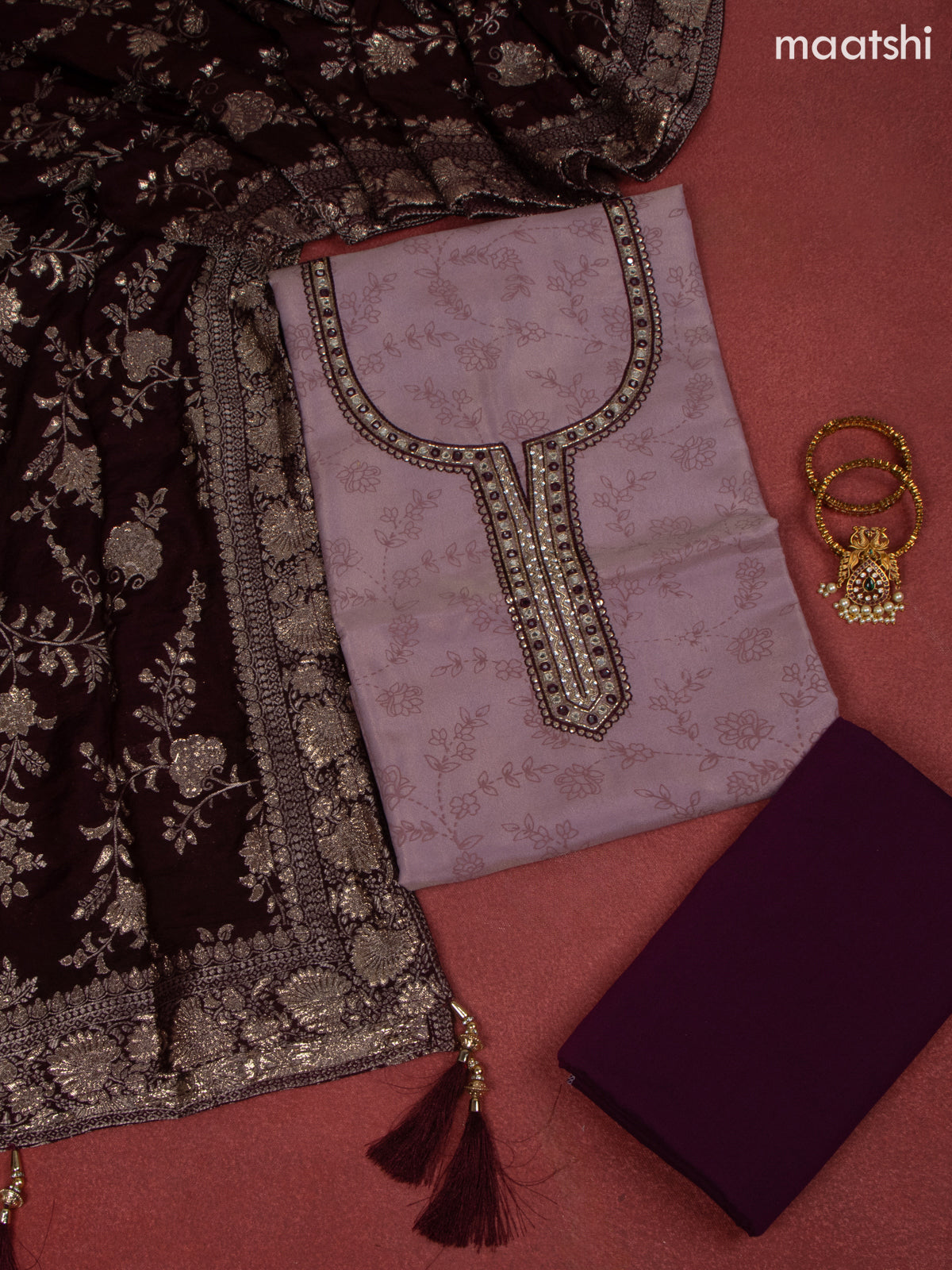 Tissue dress material mauve pink and wine with allover prints & beaded mirror work neck pattern and bottom & banarasi dupatta
