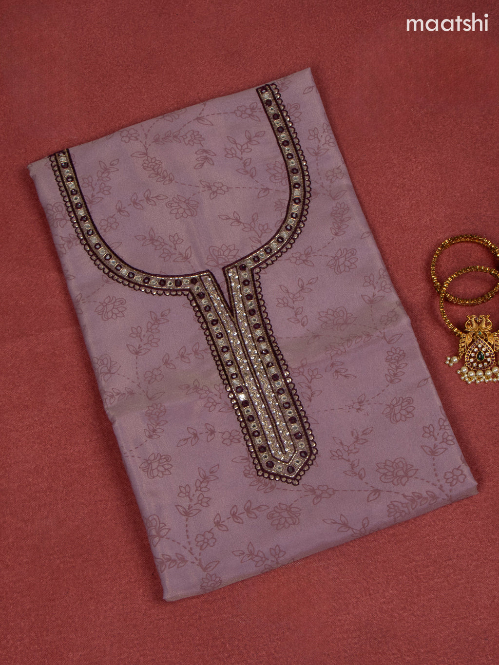 Tissue dress material mauve pink and wine with allover prints & beaded mirror work neck pattern and bottom & banarasi dupatta