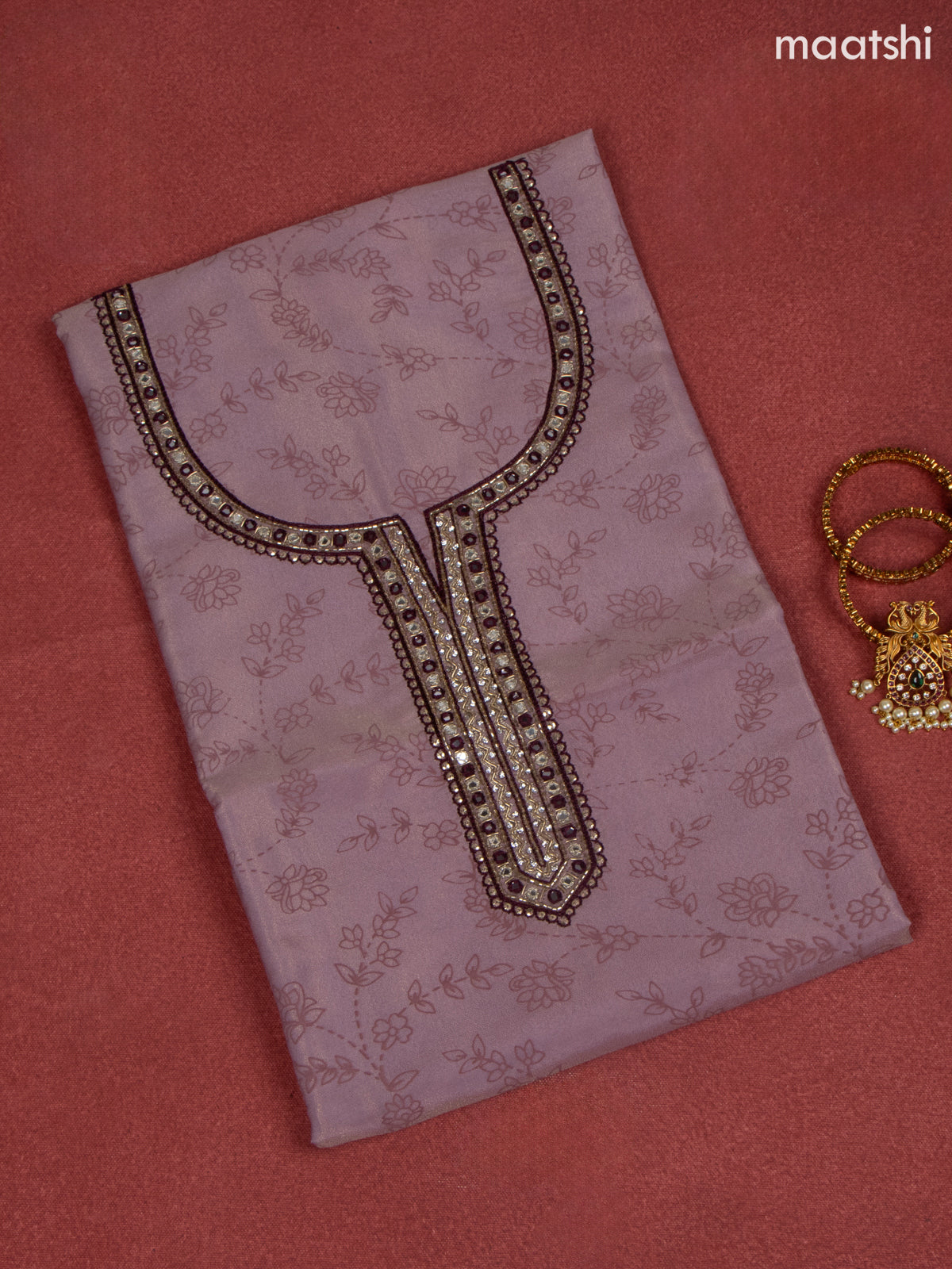 Tissue dress material mauve pink and wine with allover prints & beaded mirror work neck pattern and bottom & banarasi dupatta