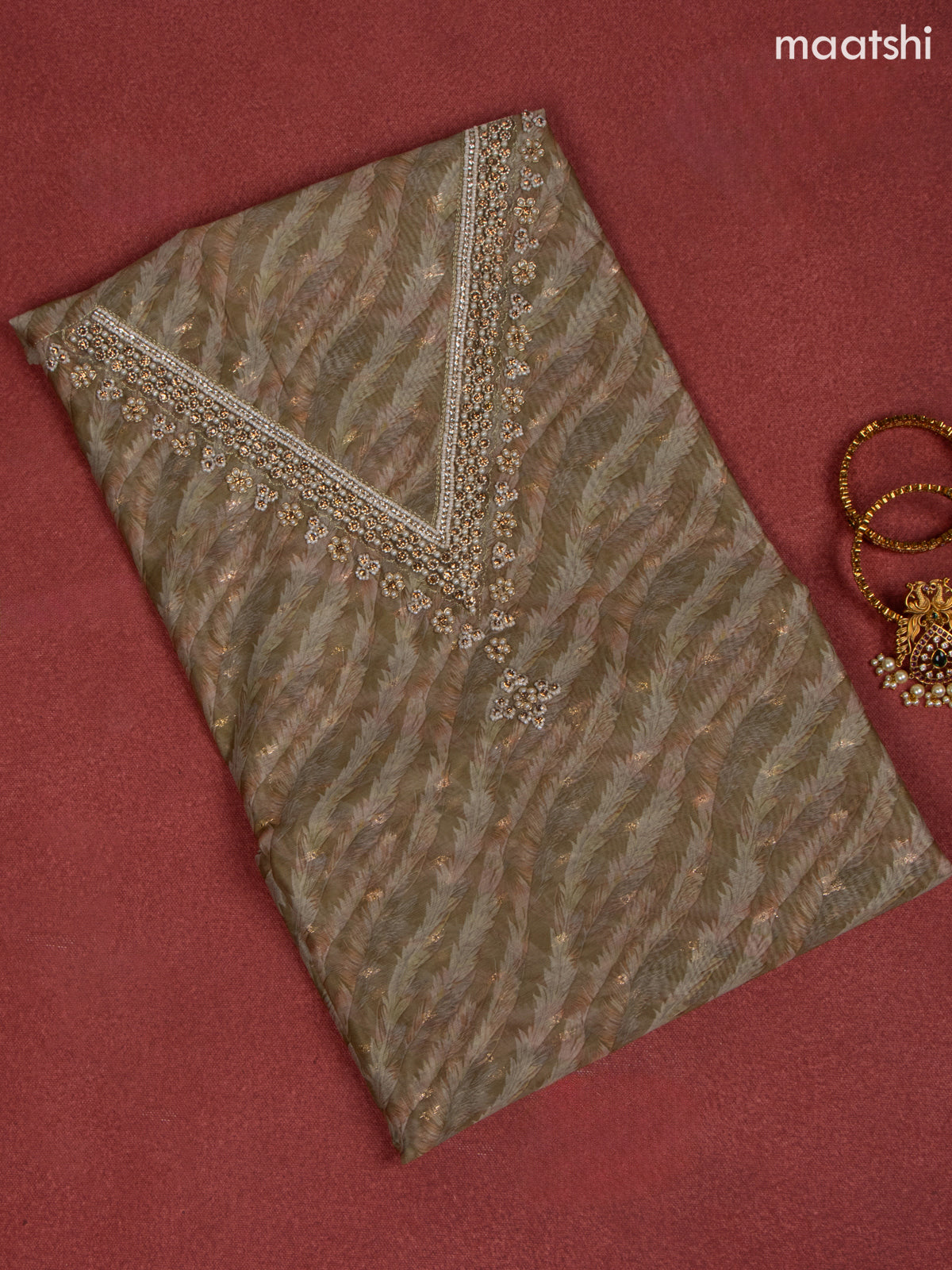 Raw Silk dress material mehandi green with allover prints & beaded work v neck pattern and bottom & banarasi dupatta