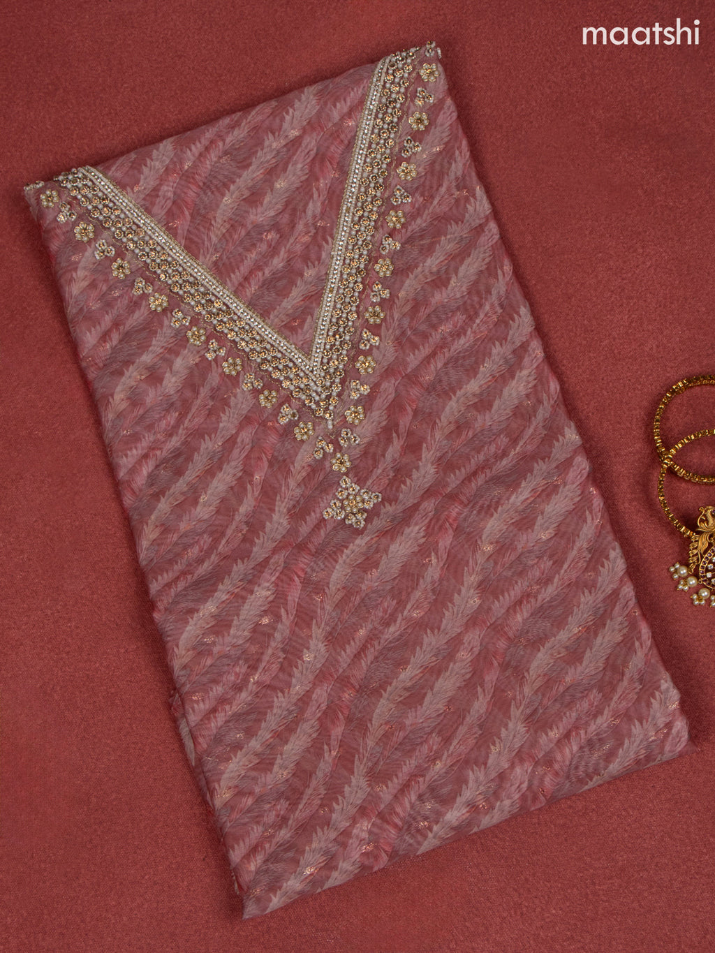 Raw Silk dress material peach shade with allover prints & beaded work v neck pattern and bottom & banarasi dupatta