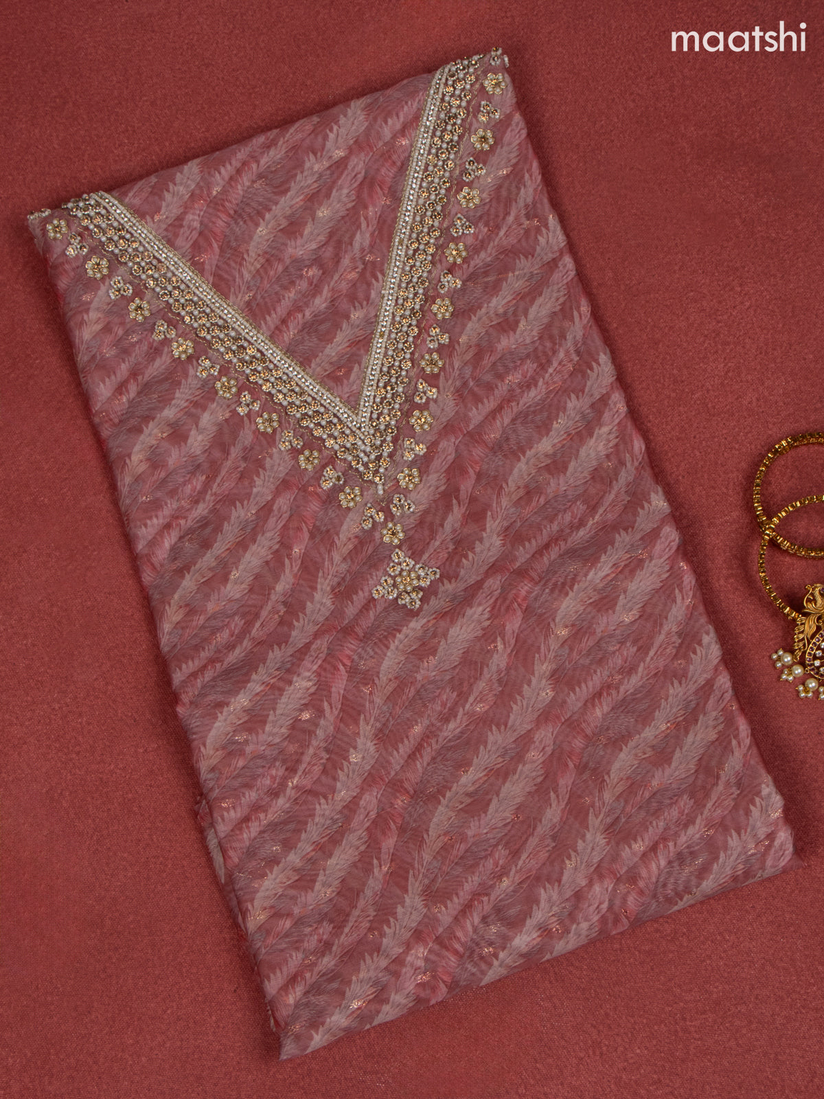 Raw Silk dress material peach shade with allover prints & beaded work v neck pattern and bottom & banarasi dupatta