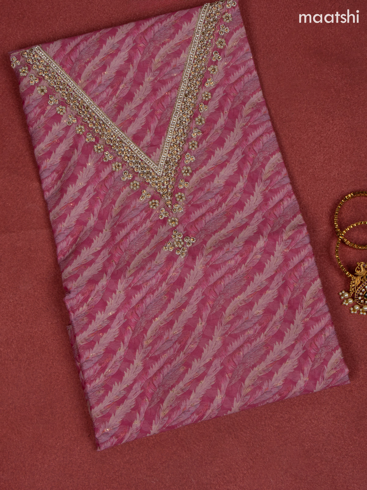 Raw Silk dress material pink with allover prints & beaded work v neck pattern and bottom & banarasi dupatta