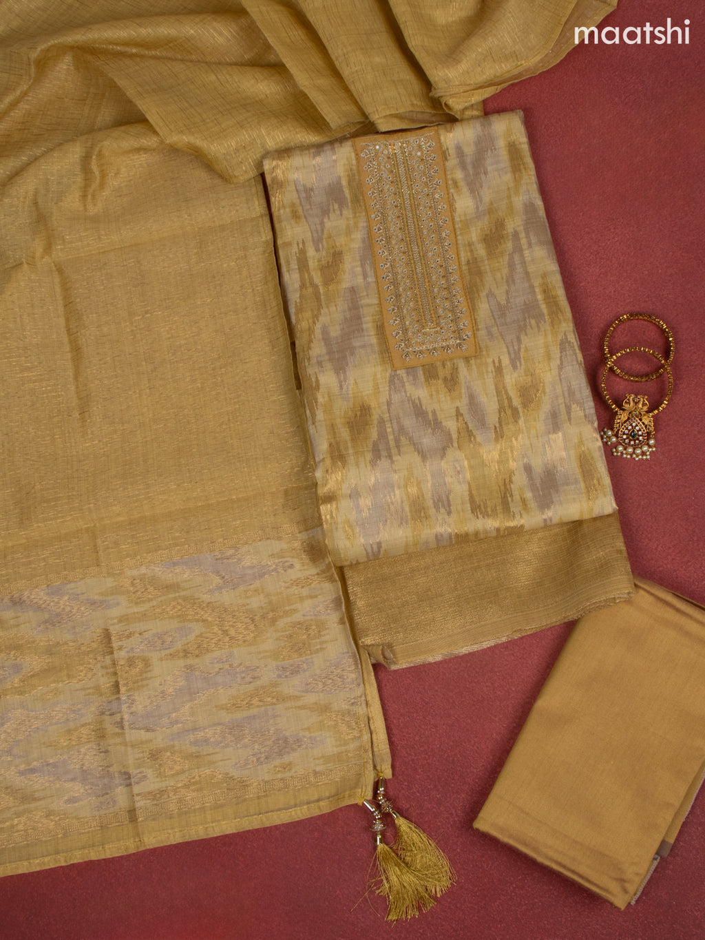 Chanderi dress material yellow shade with zari weaves & embroidery mirror work neck pattern and bottom & dupatta