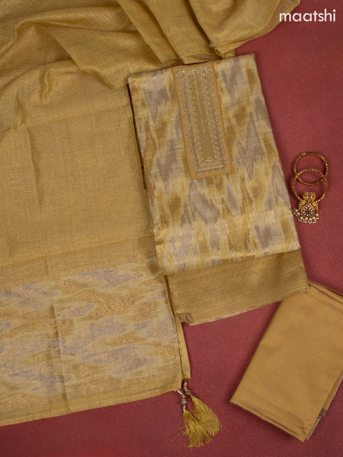 Chanderi dress material yellow shade with zari weaves & embroidery mirror work neck pattern and bottom & dupatta