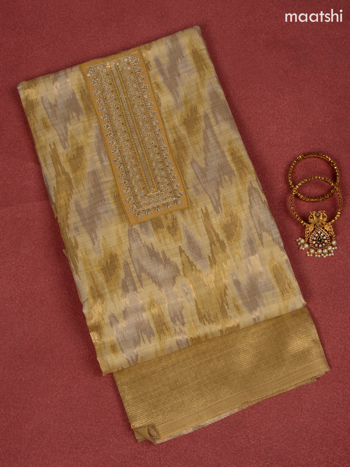 Chanderi dress material yellow shade with zari weaves & embroidery mirror work neck pattern and bottom & dupatta