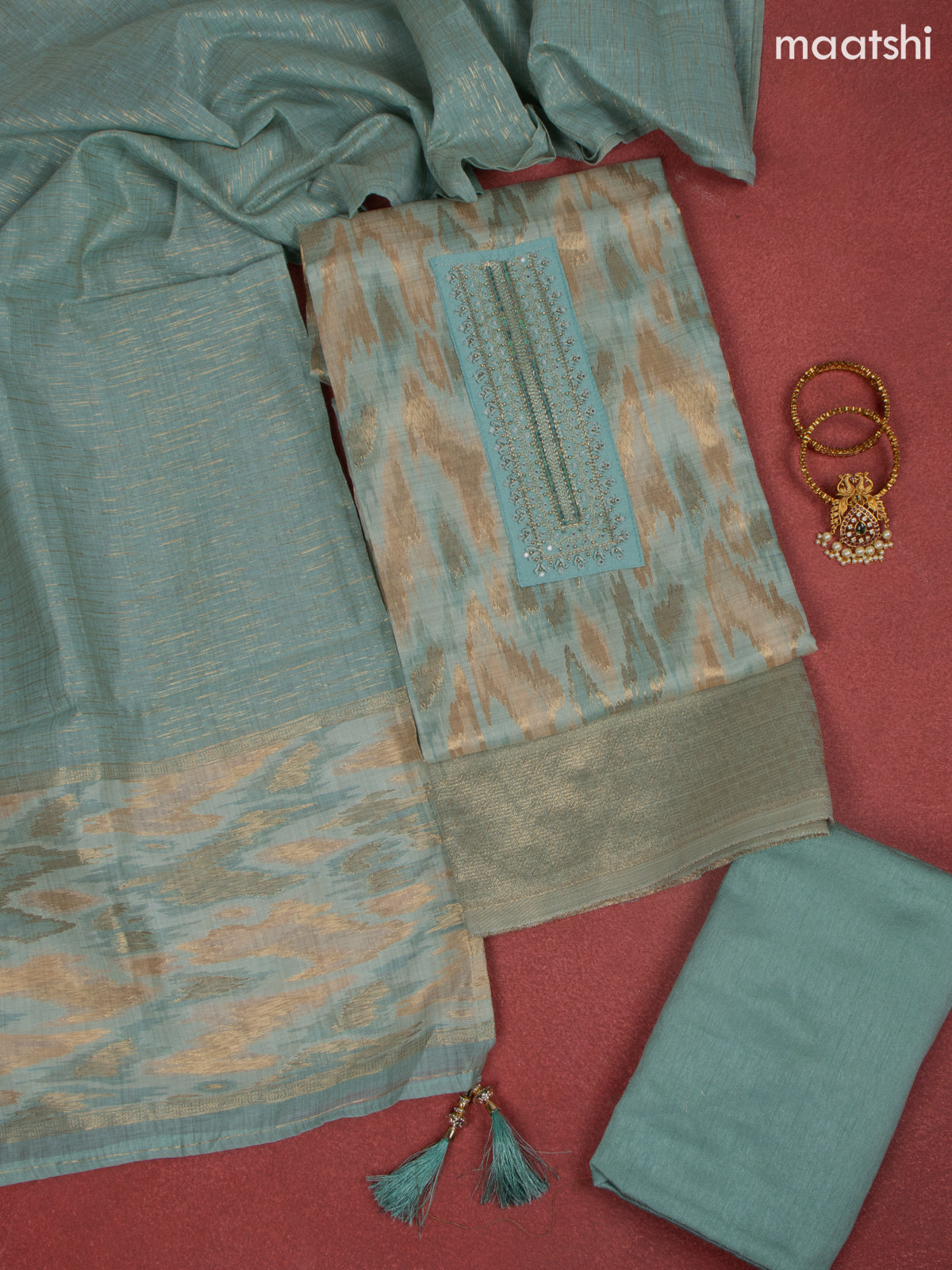 Chanderi dress material blue shade with zari weaves & embroidery mirror work neck pattern and bottom & dupatta