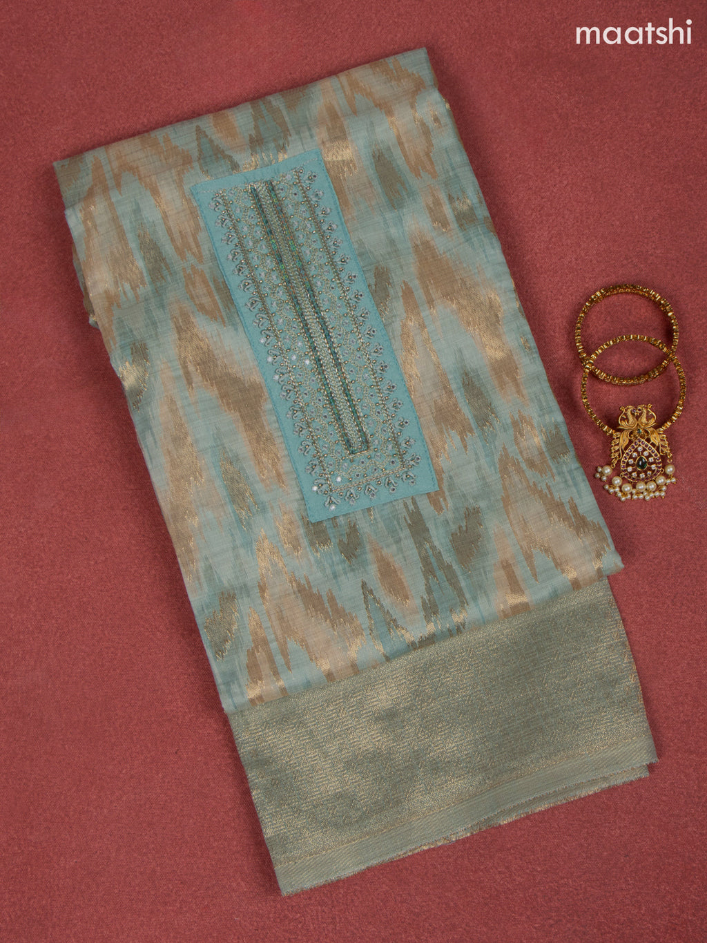 Chanderi dress material blue shade with zari weaves & embroidery mirror work neck pattern and bottom & dupatta