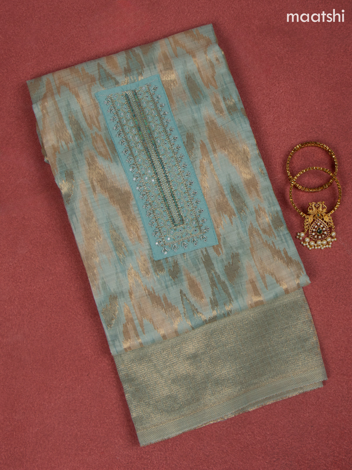 Chanderi dress material blue shade with zari weaves & embroidery mirror work neck pattern and bottom & dupatta