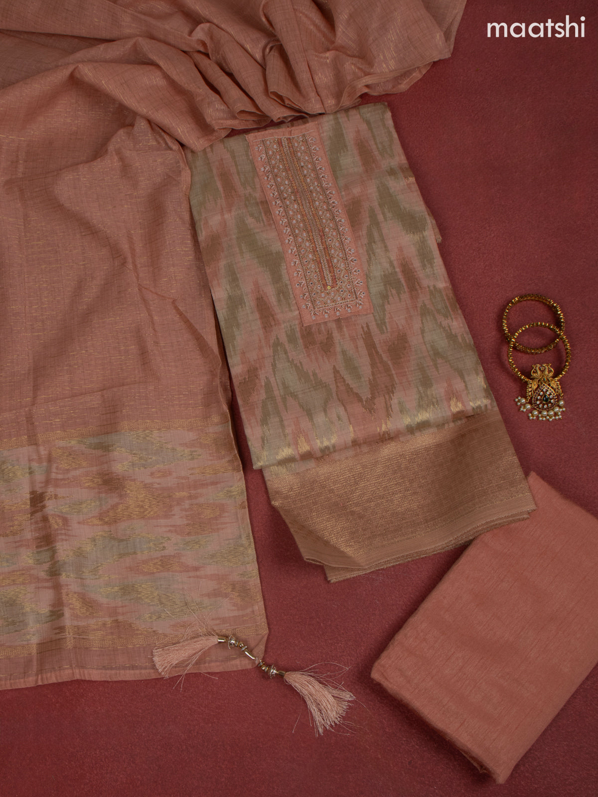 Chanderi dress material peach shade with zari weaves & embroidery mirror work neck pattern and bottom & dupatta