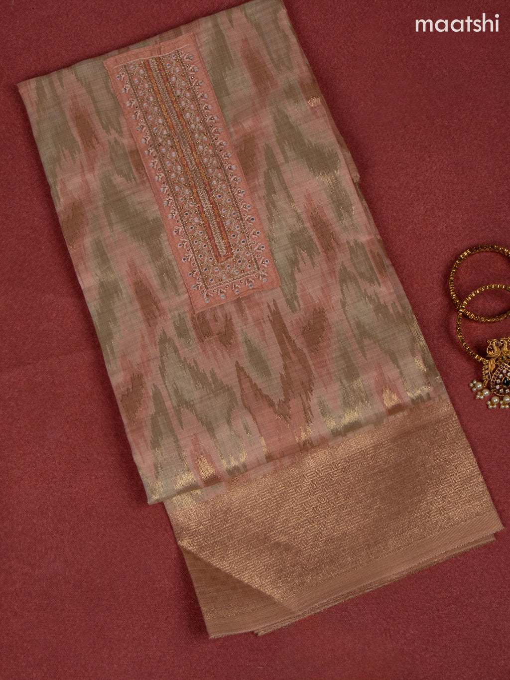 Chanderi dress material peach shade with zari weaves & embroidery mirror work neck pattern and bottom & dupatta