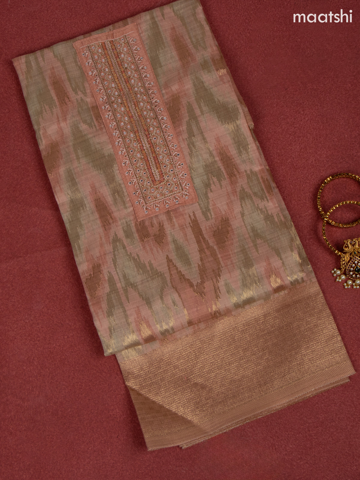 Chanderi dress material peach shade with zari weaves & embroidery mirror work neck pattern and bottom & dupatta
