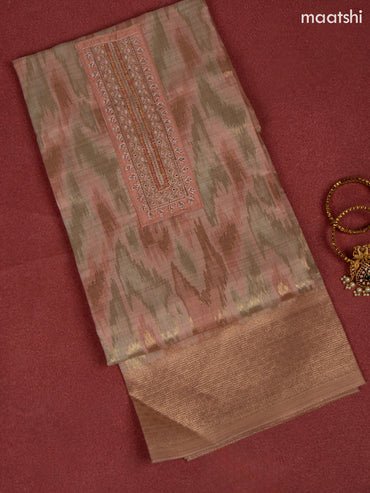 Chanderi dress material peach shade with zari weaves & embroidery mirror work neck pattern and bottom & dupatta