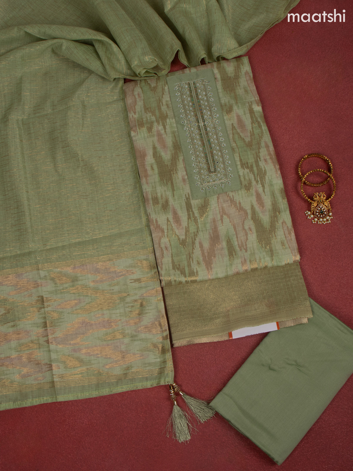 Chanderi dress material green shade with zari weaves & embroidery mirror work neck pattern and bottom & dupatta
