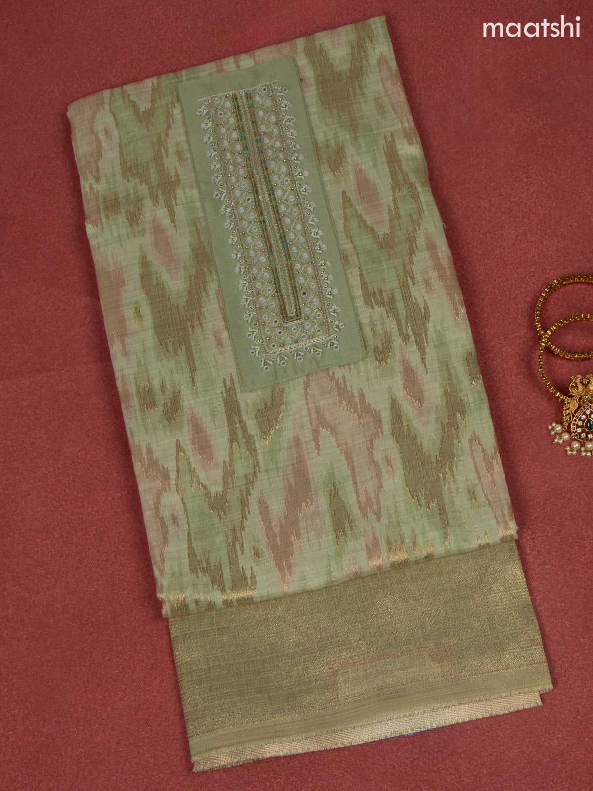 Chanderi dress material green shade with zari weaves & embroidery mirror work neck pattern and bottom & dupatta