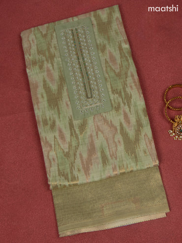 Chanderi dress material green shade with zari weaves & embroidery mirror work neck pattern and bottom & dupatta