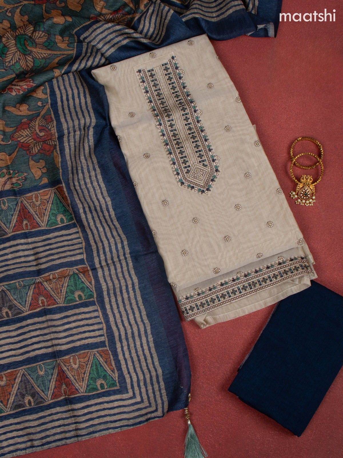 Chanderi dress material beige and peacock blue with embroidery work neck pattern and bottom & dupatta