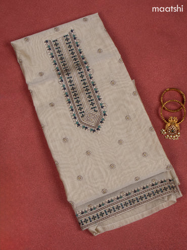Chanderi dress material beige and peacock blue with embroidery work neck pattern and bottom & dupatta