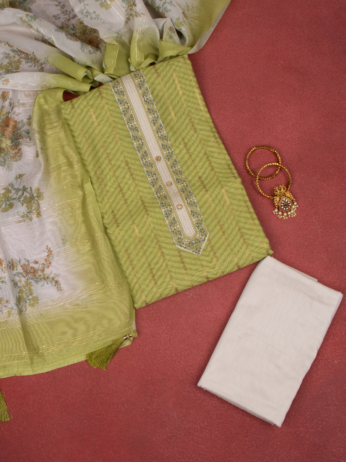 Chanderi dress material green and beige with zari weaves & embroidery work neck pattern and bottom & dupatta