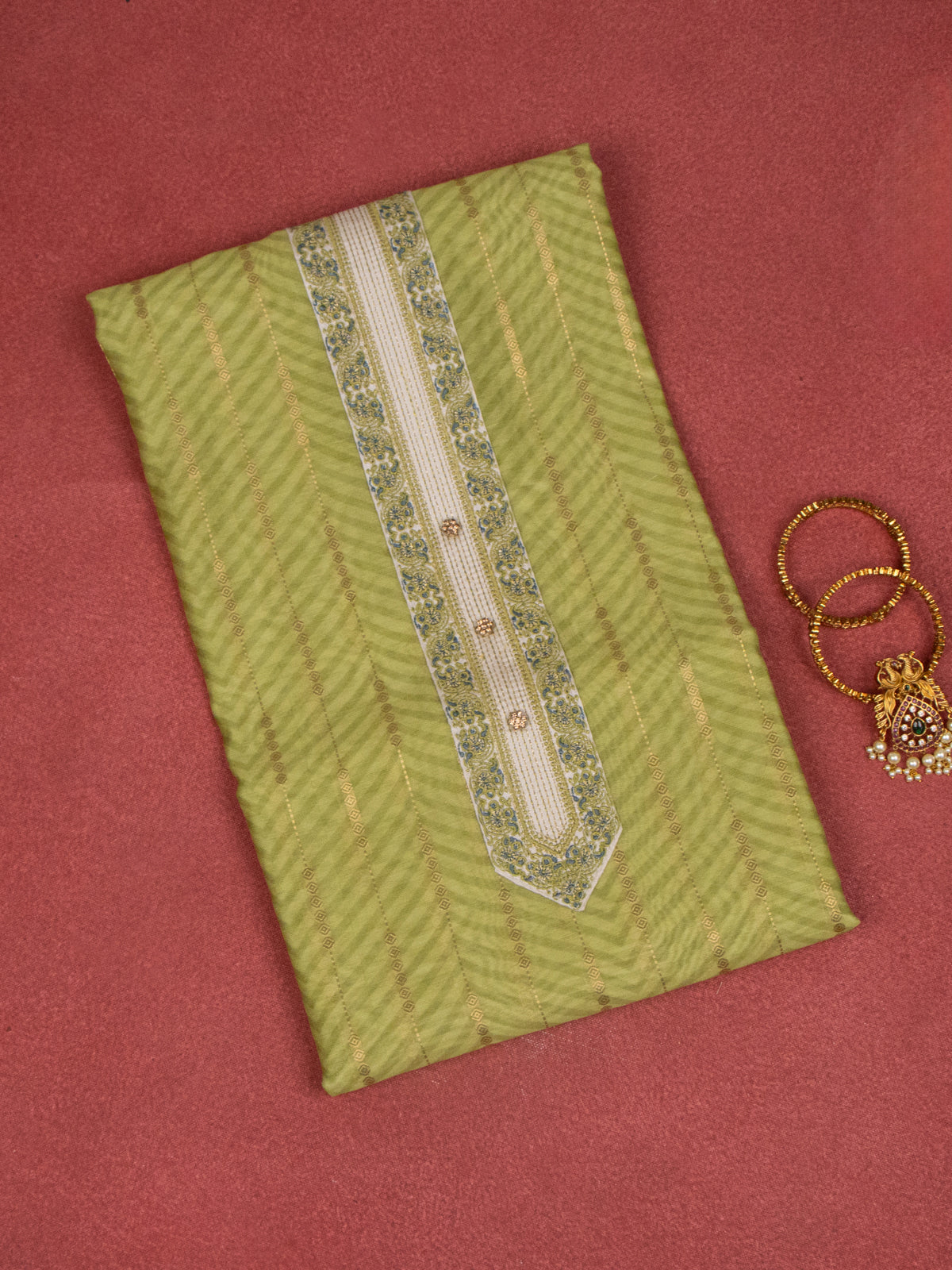 Chanderi dress material green and beige with zari weaves & embroidery work neck pattern and bottom & dupatta
