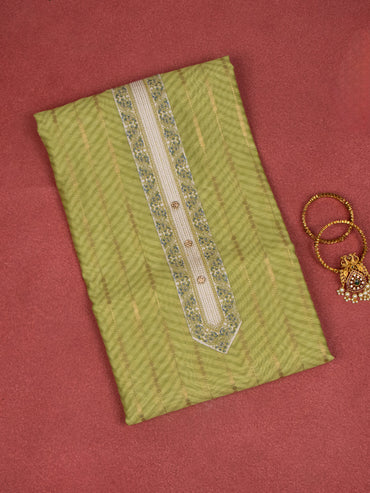Chanderi dress material green and beige with zari weaves & embroidery work neck pattern and bottom & dupatta