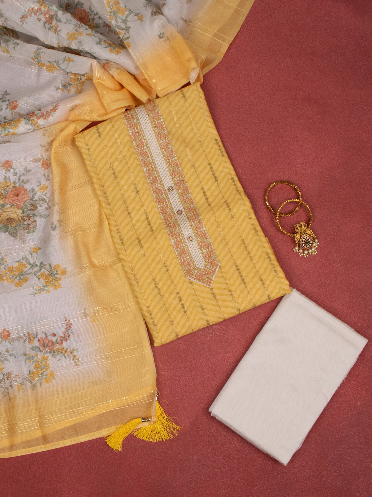 Chanderi dress material yellow and beige with zari weaves & embroidery work neck pattern and bottom & dupatta