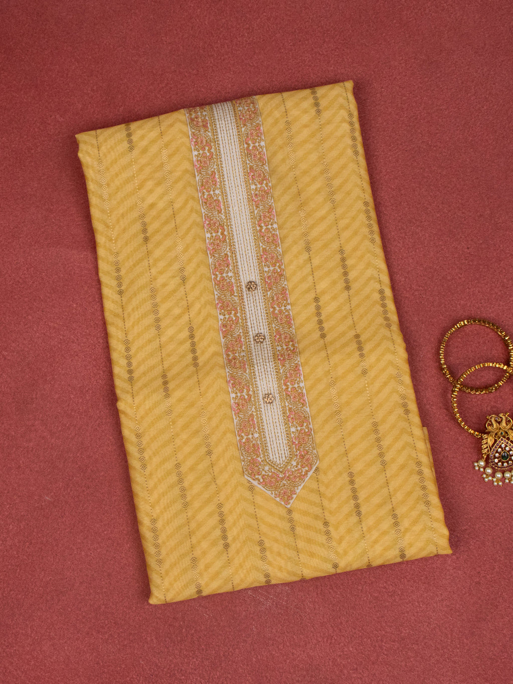 Chanderi dress material yellow and beige with zari weaves & embroidery work neck pattern and bottom & dupatta
