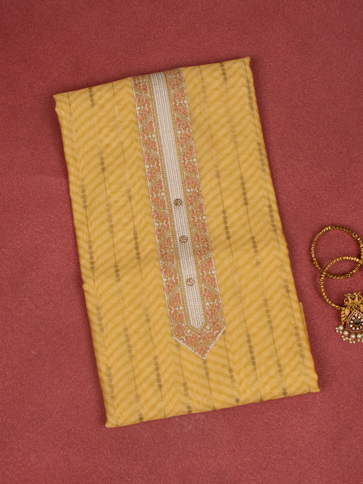 Chanderi dress material yellow and beige with zari weaves & embroidery work neck pattern and bottom & dupatta