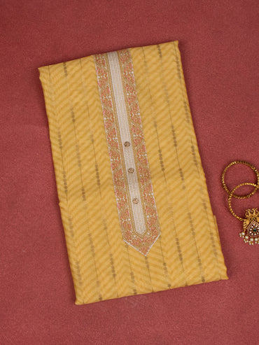 Chanderi dress material yellow and beige with zari weaves & embroidery work neck pattern and bottom & dupatta