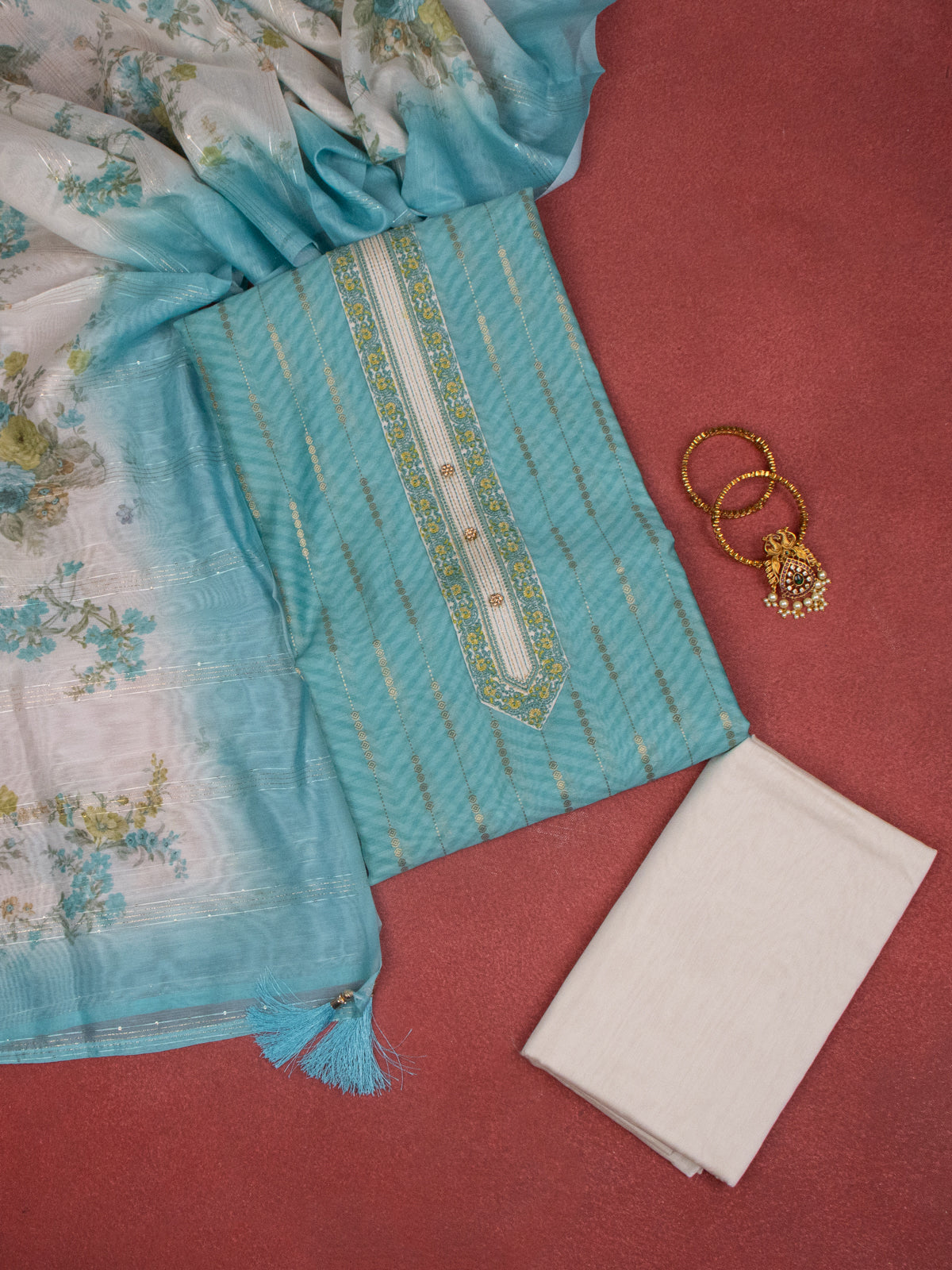 Chanderi dress material teal blue and beige with zari weaves & embroidery work neck pattern and bottom & dupatta