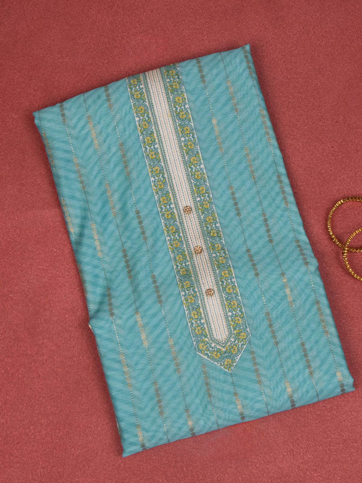 Chanderi dress material teal blue and beige with zari weaves & embroidery work neck pattern and bottom & dupatta