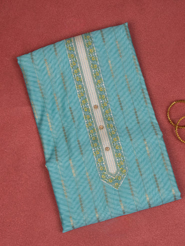 Chanderi dress material teal blue and beige with zari weaves & embroidery work neck pattern and bottom & dupatta