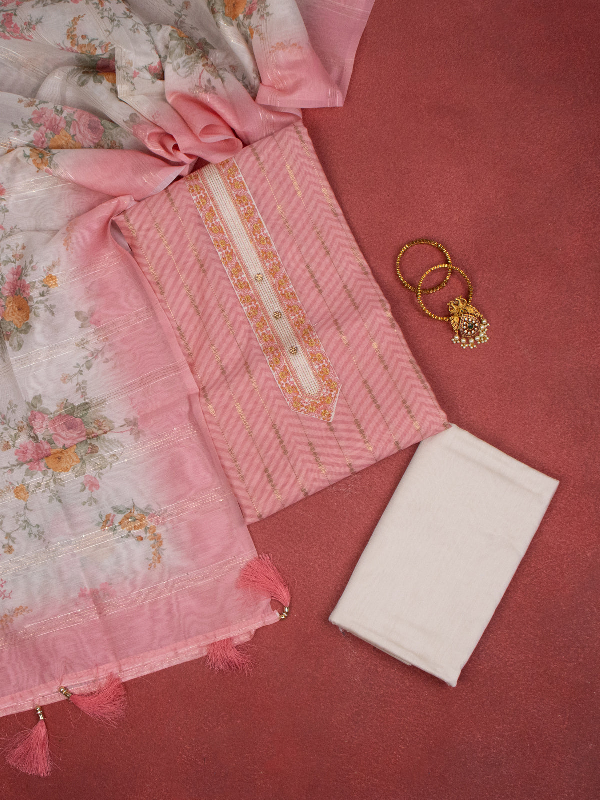 Chanderi dress material peach pink and beige with zari weaves & embroidery work neck pattern and bottom & dupatta