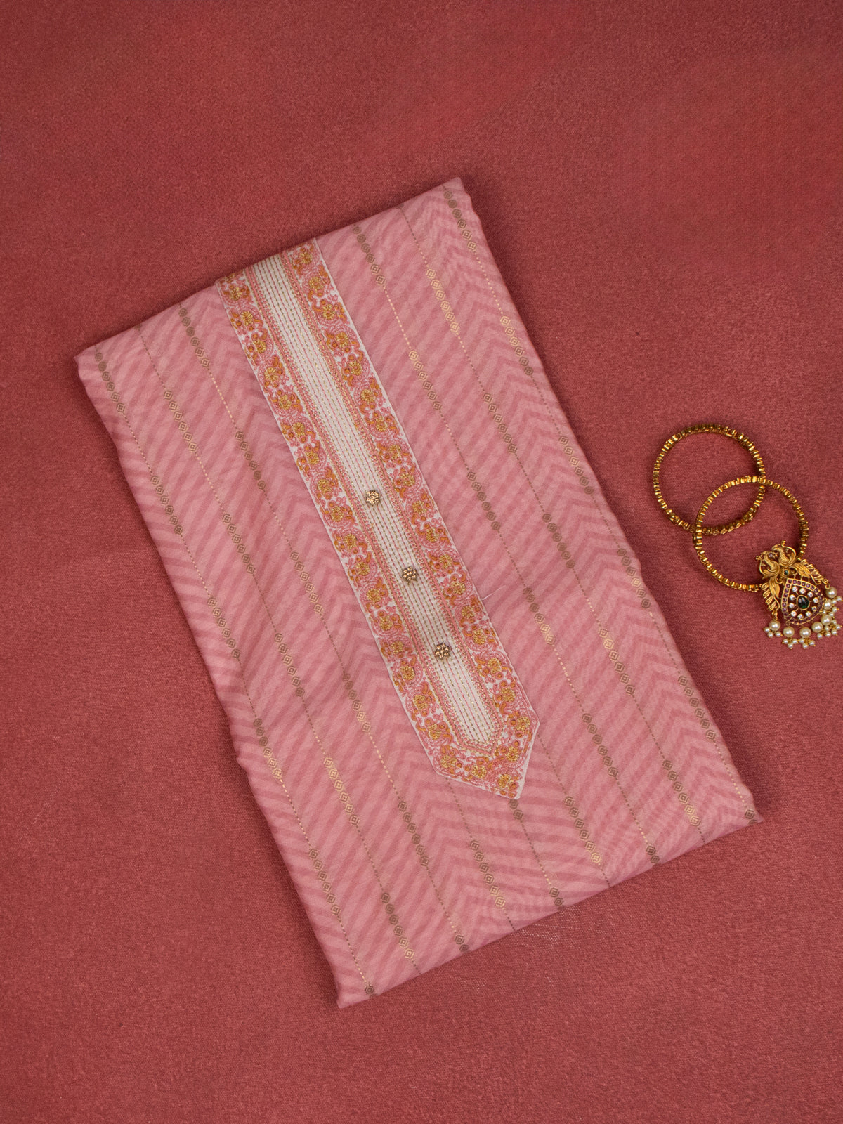 Chanderi dress material peach pink and beige with zari weaves & embroidery work neck pattern and bottom & dupatta