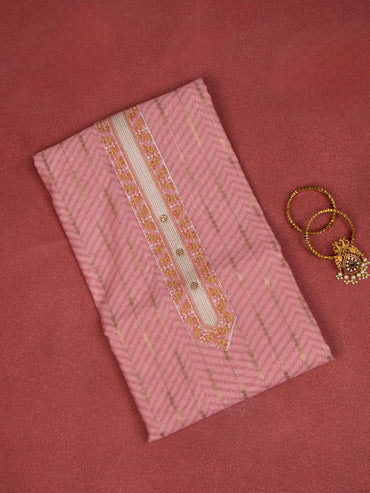Chanderi dress material peach pink and beige with zari weaves & embroidery work neck pattern and bottom & dupatta