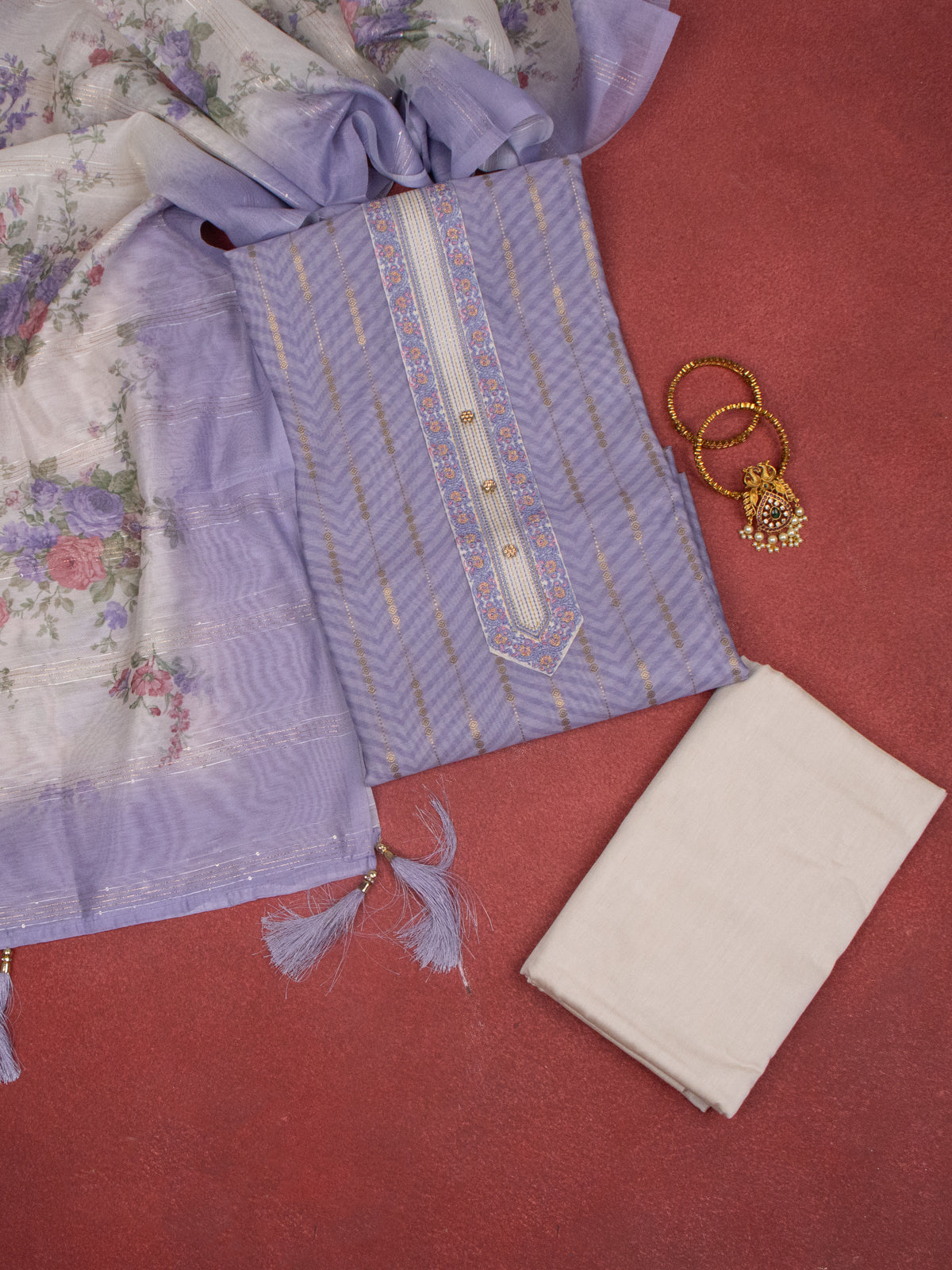 Chanderi dress material purple and beige with zari weaves & embroidery work neck pattern and bottom & dupatta