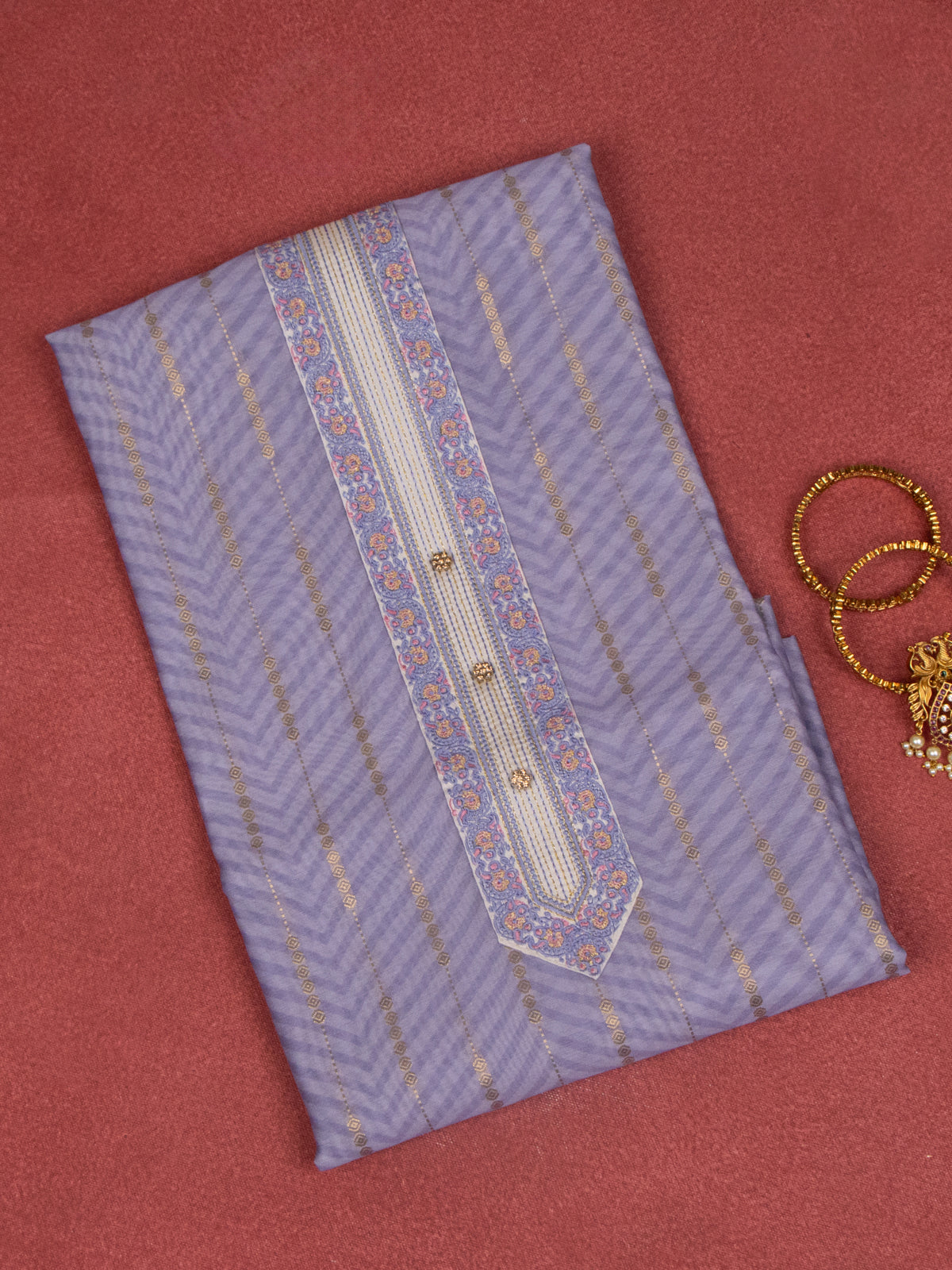 Chanderi dress material purple and beige with zari weaves & embroidery work neck pattern and bottom & dupatta