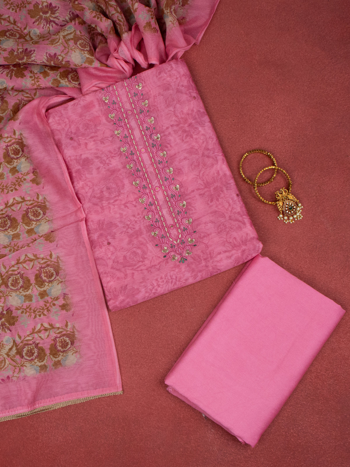 Chanderi dress material pink with allover prints & embroidery sequin work neck pattern