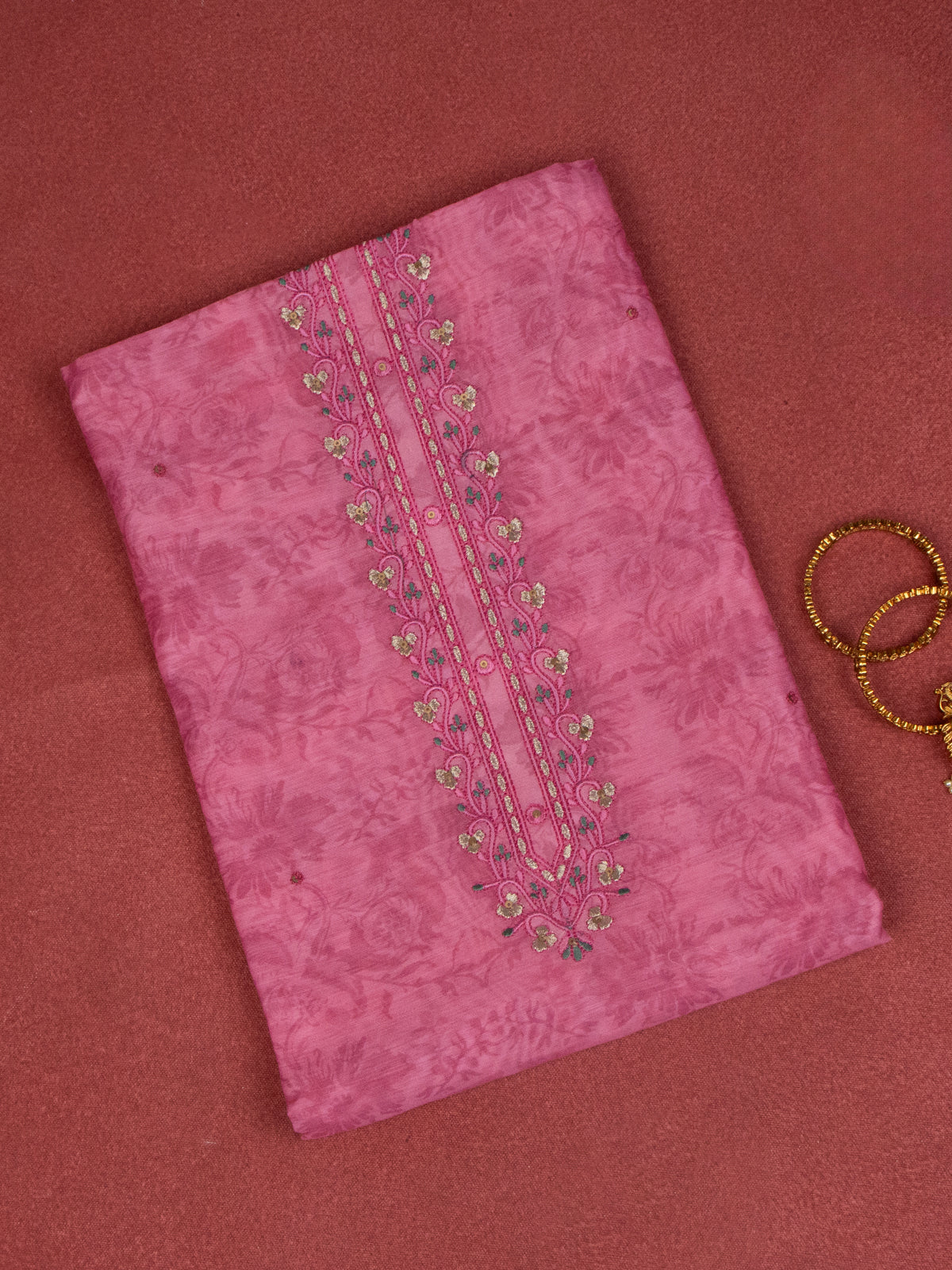 Chanderi dress material pink with allover prints & embroidery sequin work neck pattern