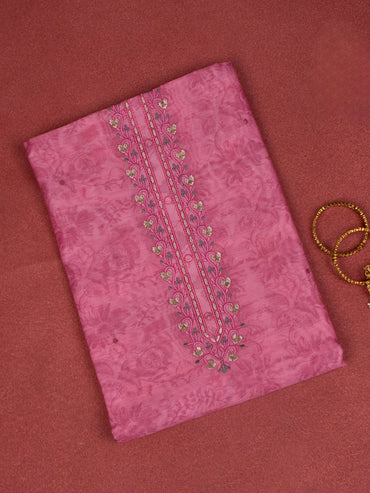 Chanderi dress material pink with allover prints & embroidery sequin work neck pattern