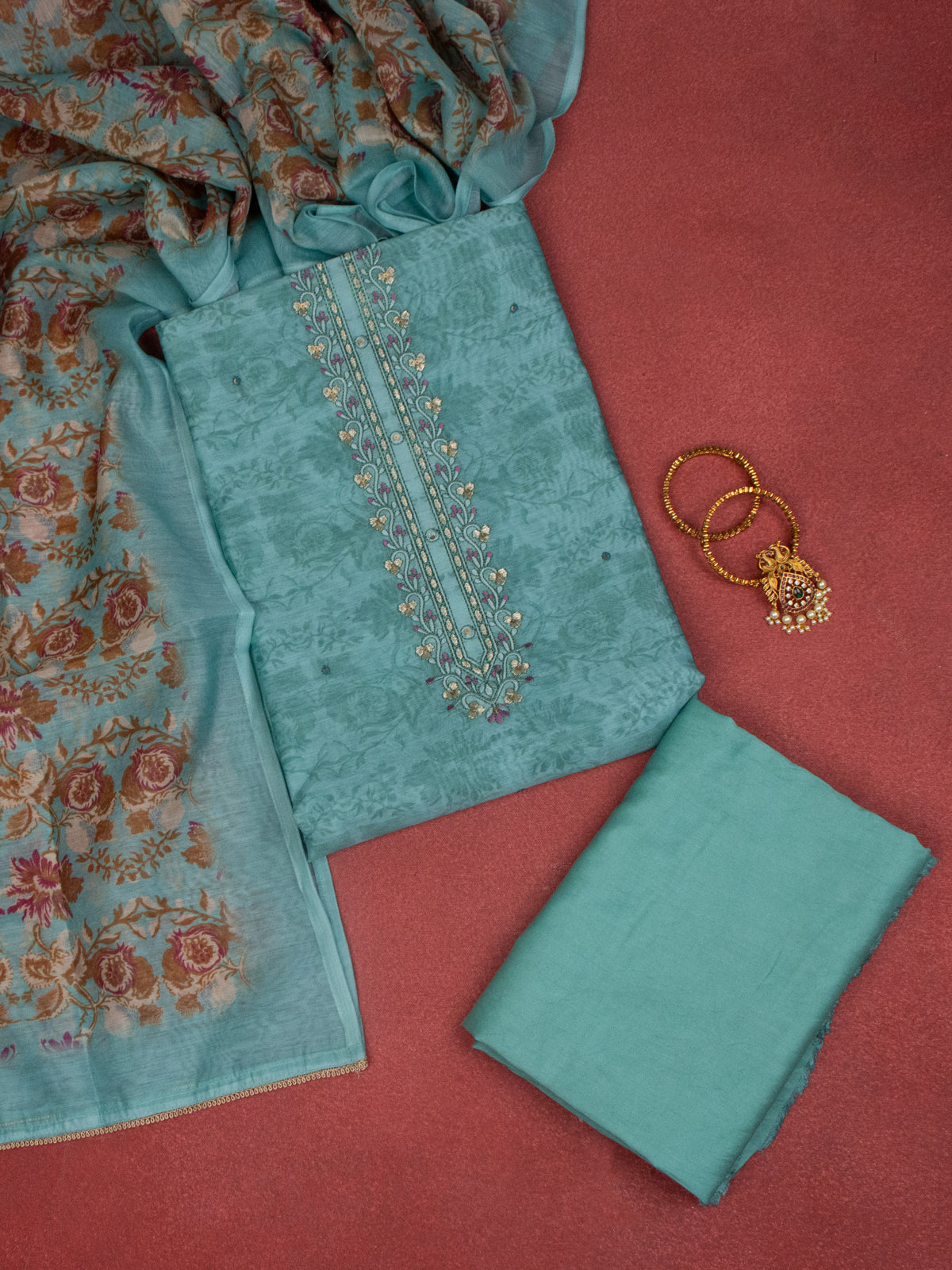 Chanderi dress material peacock green with allover prints & embroidery sequin work neck pattern