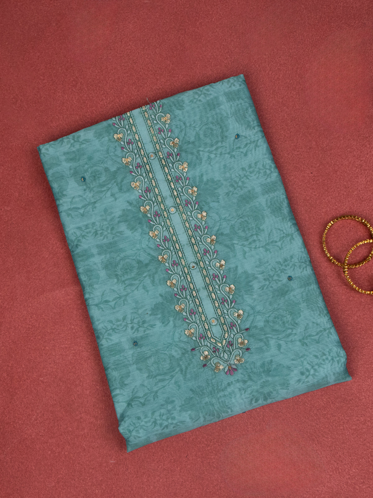 Chanderi dress material peacock green with allover prints & embroidery sequin work neck pattern