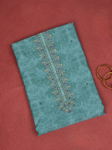 Chanderi dress material peacock green with allover prints & embroidery sequin work neck pattern