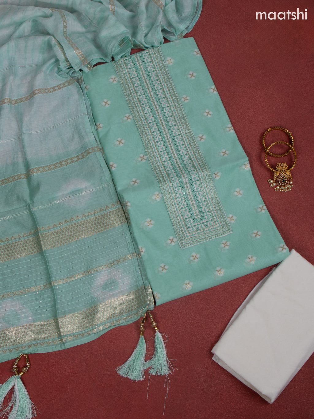 Raw Silk dress material pastel green with allover buttas & embroidery mirror work neck pattern and bottom & banarasi dupatta