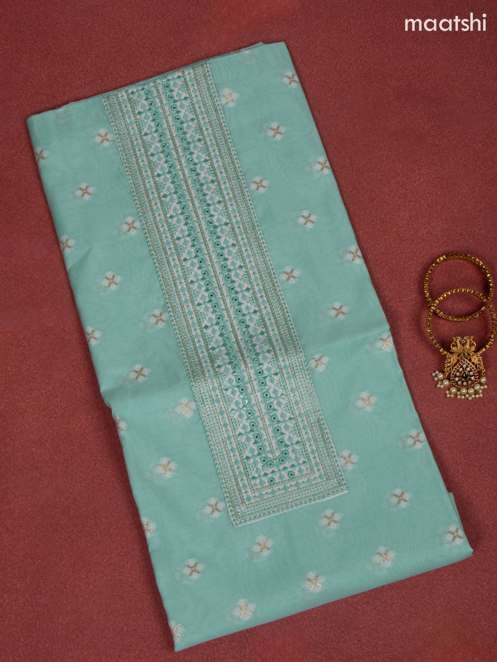 Raw Silk dress material pastel green with allover buttas & embroidery mirror work neck pattern and bottom & banarasi dupatta