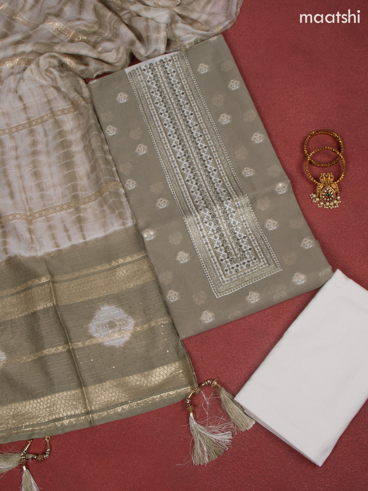 Chanderi dress material grey and white with allover buttas & embroidery mirror work neck pattern and bottom & dupatta