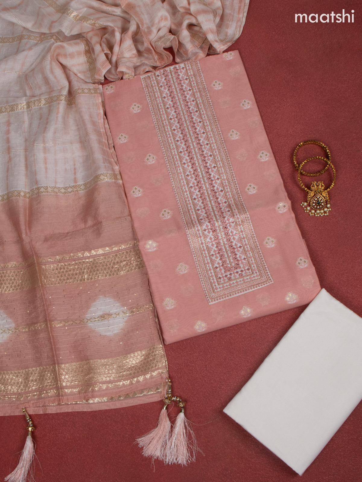 Chanderi dress material peach pink and white with allover buttas & embroidery mirror work neck pattern and bottom & dupatta