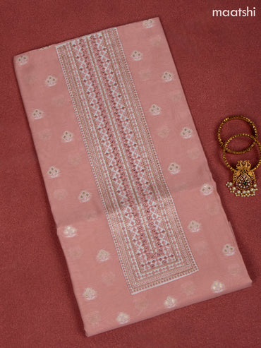 Chanderi dress material peach pink and white with allover buttas & embroidery mirror work neck pattern and bottom & dupatta
