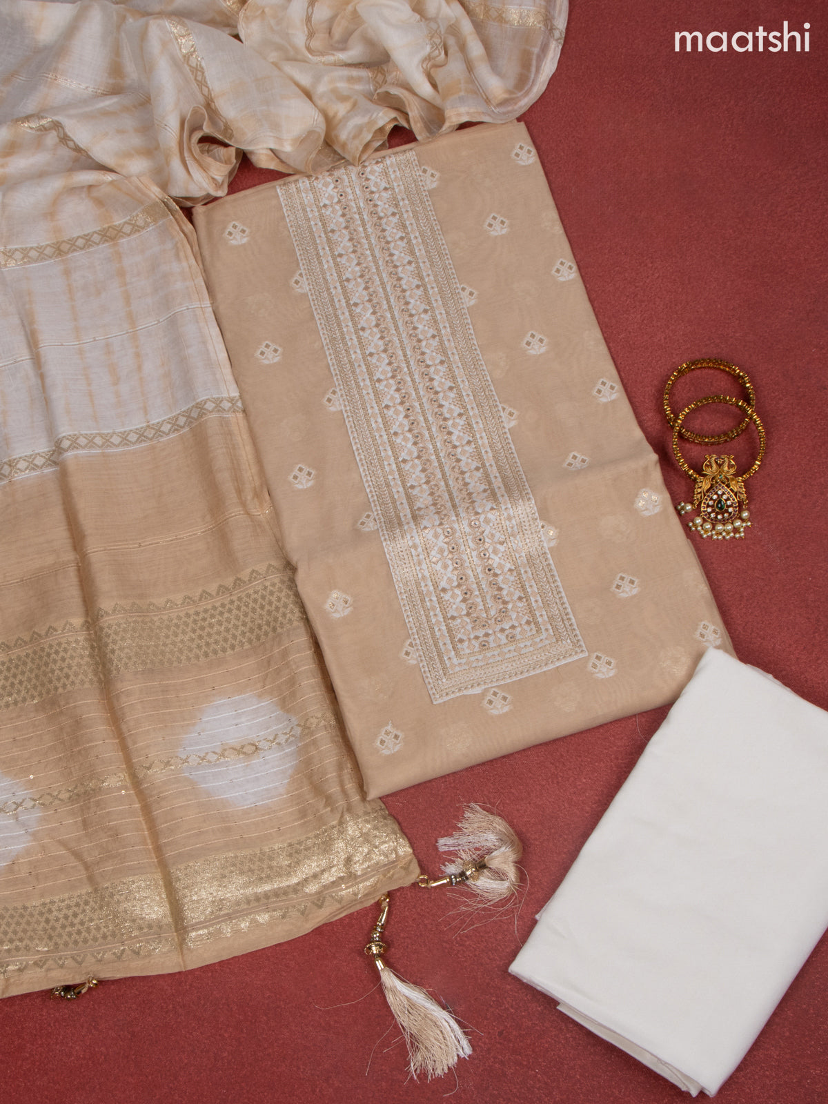 Chanderi dress material sandal and white with allover buttas & embroidery mirror work neck pattern and bottom & dupatta