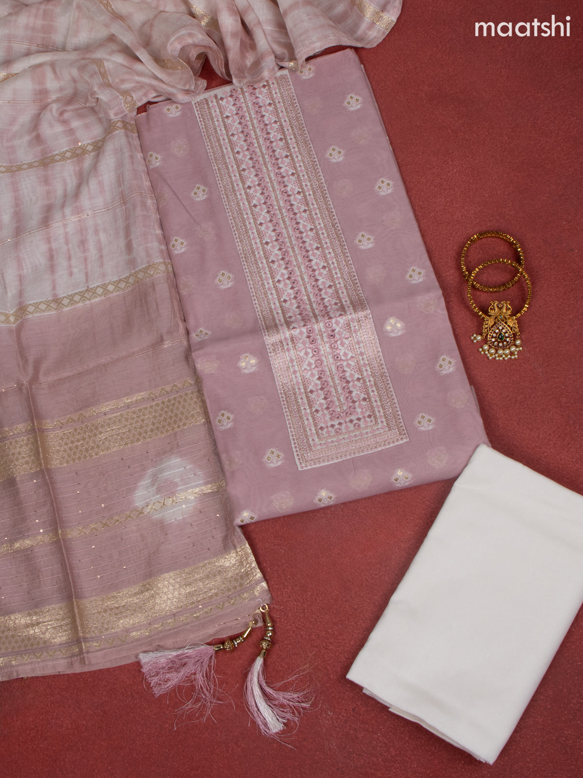 Chanderi dress material mauve pink and white with allover buttas & embroidery mirror work neck pattern and bottom & dupatta